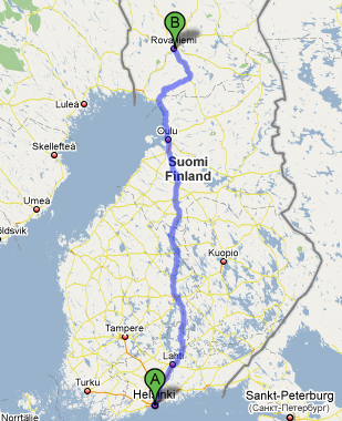Map of route from Helsinki to Rovaniemi